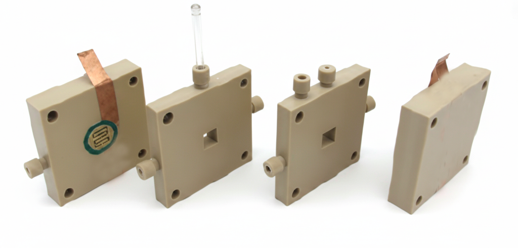 Gas Diffusion Electrode (GDE) Flow Electrolyzer with Two Liquid Flow Chambers for CO2 Electroreduction (CO2RR), CCO2RRGDEFETLFC