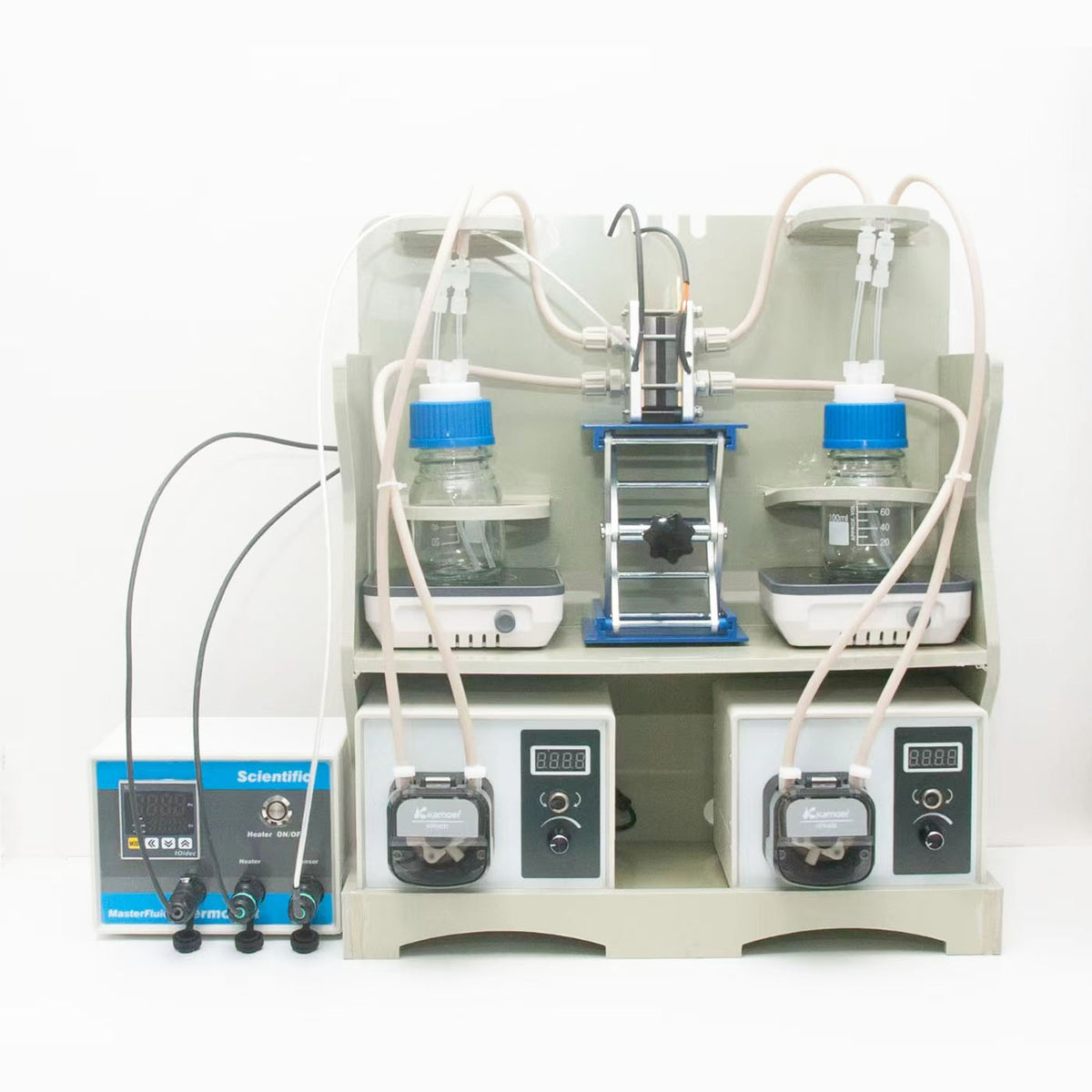 Zero-Gap Flow Cell Testing System with Integrated Heating for Redox Flow Battery, Electrolyzer, and Fuel Cell, CZGFCTSIH