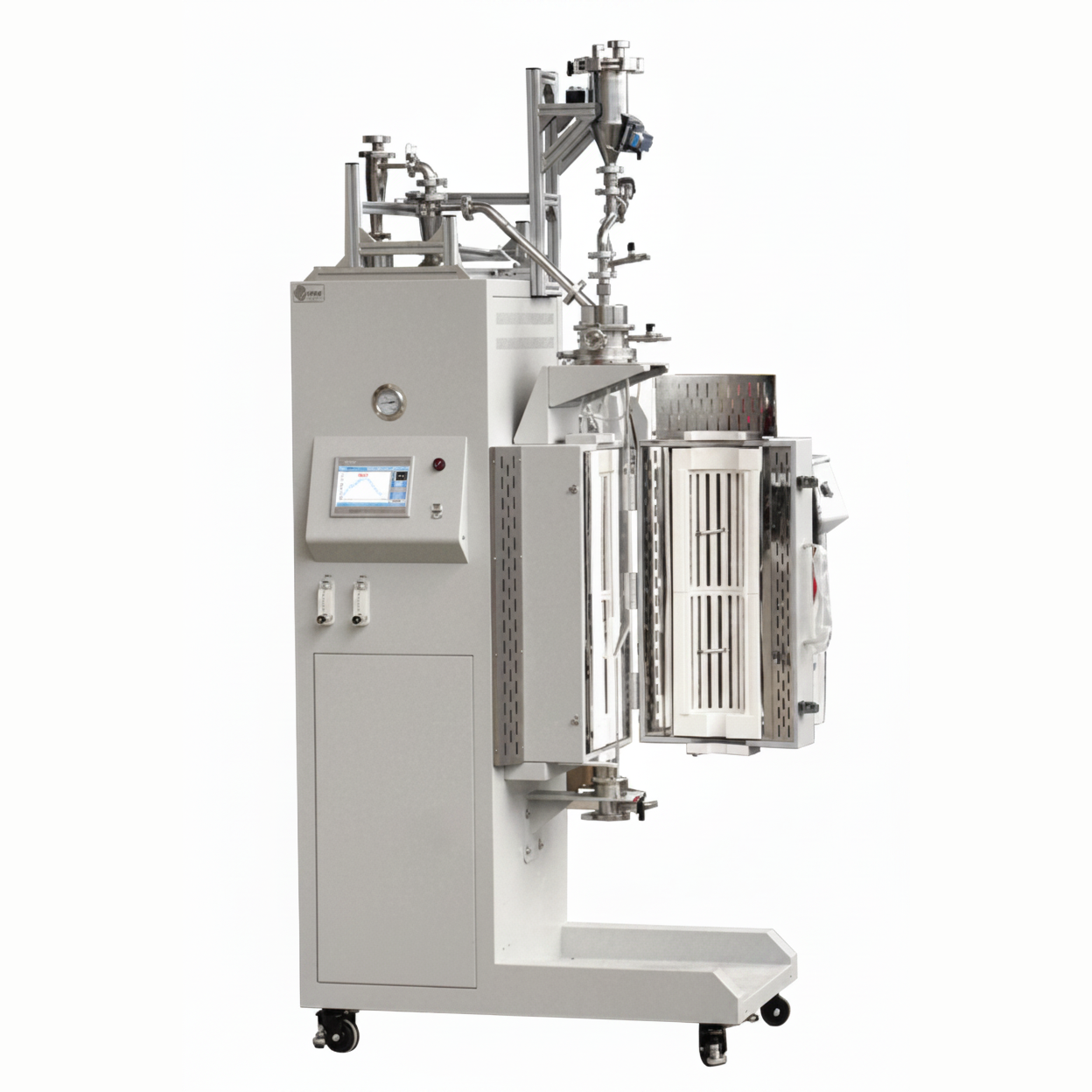 ECS-N Fluidized Bed Chemical Vapor Deposition (FBCVD) Furnace (Max. 1200℃, Dual-Zones) with Automatic Feeder and Receiver for Powder Coating, ENFBCVDFAFR
