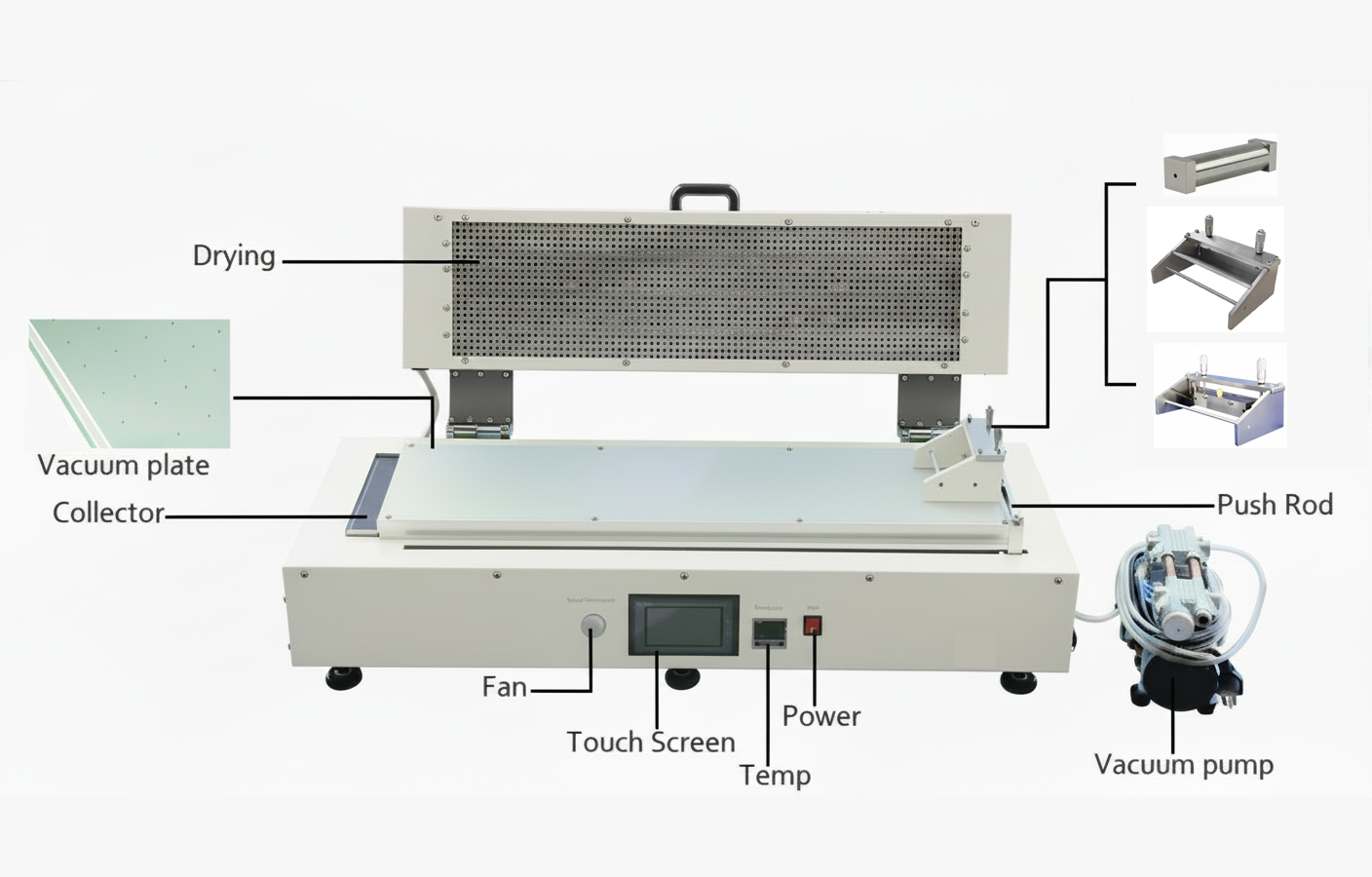 ECS-RL Tape Casting Coater with Top/Bottom Heating (130℃) and Vacuum Bed (L800*W150 mm), ERLTCCHVB